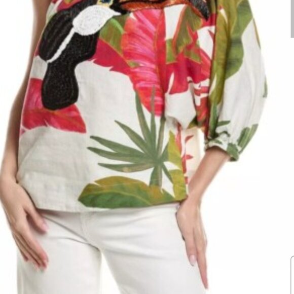 Rare  Farm Rio One-Shoulder Spring Forest Embroidered Toucan Linen Sz L - Picture 6 of 12